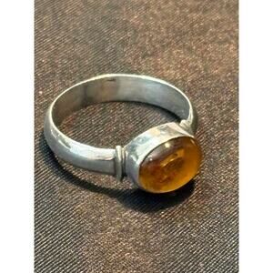 Sterling Silver Genuine Amber Cabochon Ring Size 7 Vintage